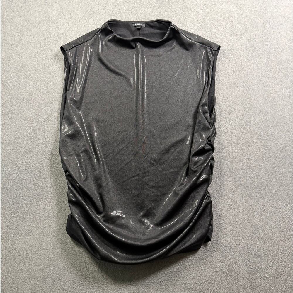 Express Black Metallic Liquid Look Ruched Mock Neck Tank Top Women's Medium